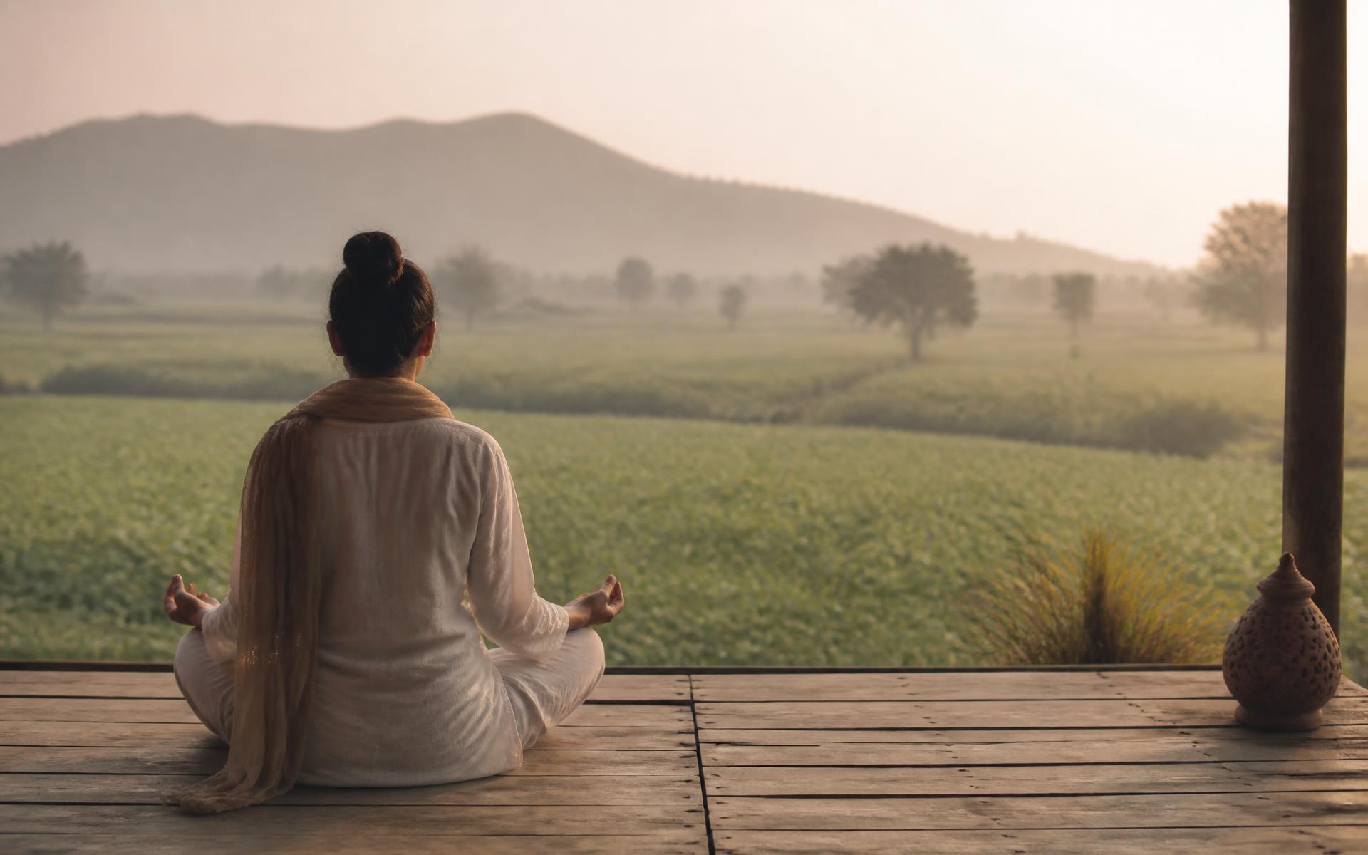 A woman meditating on a wooden deck overlooking misty green fields at dawn
