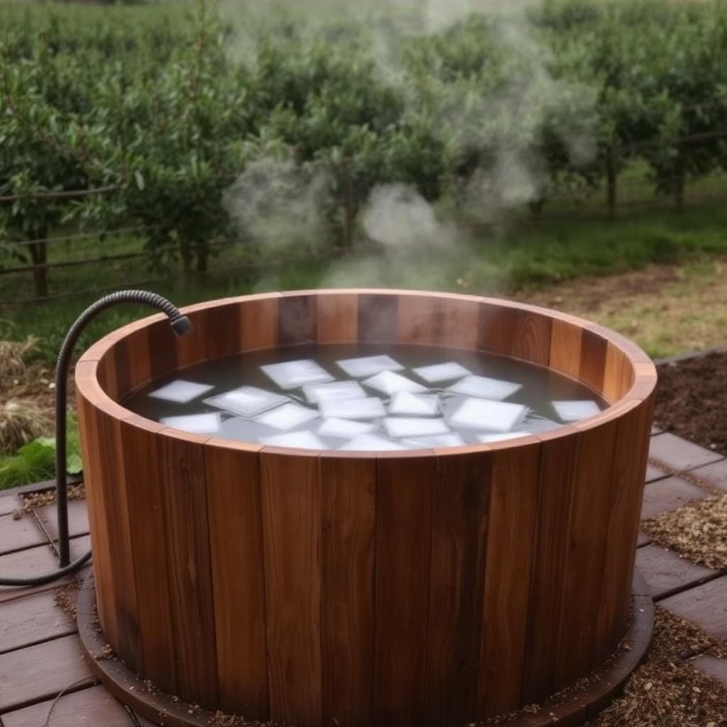 A wooden ice bath tub filled with ice water outdoors